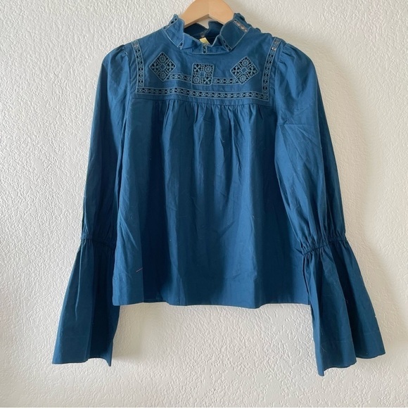 FREE PEOPLE Another Eternity Eyelet Bell Sleeve Top Blue - Picture 9 of 16